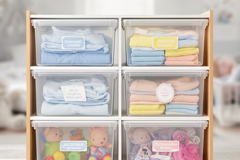 Estantería de melamina con seis contenedores plásticos transparentes apilados, etiquetados con ropa de bebé, juguetes y accesorios en un dormitorio infantil ordenado