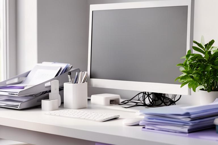 Escritorio de home office ordenado con bandejas de documentos, portalápices blancos, canaleta de cables bajo el monitor y una planta pequeña junto a la pantalla