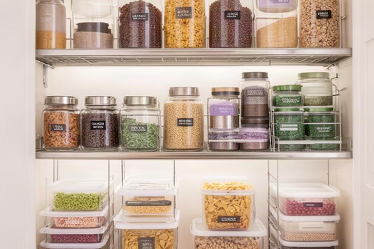 Despensa ordenada con frascos de vidrio herméticos etiquetados, contenedores apilables con cereales y legumbres, y estantes metálicos en una cocina pequeña pero funcional